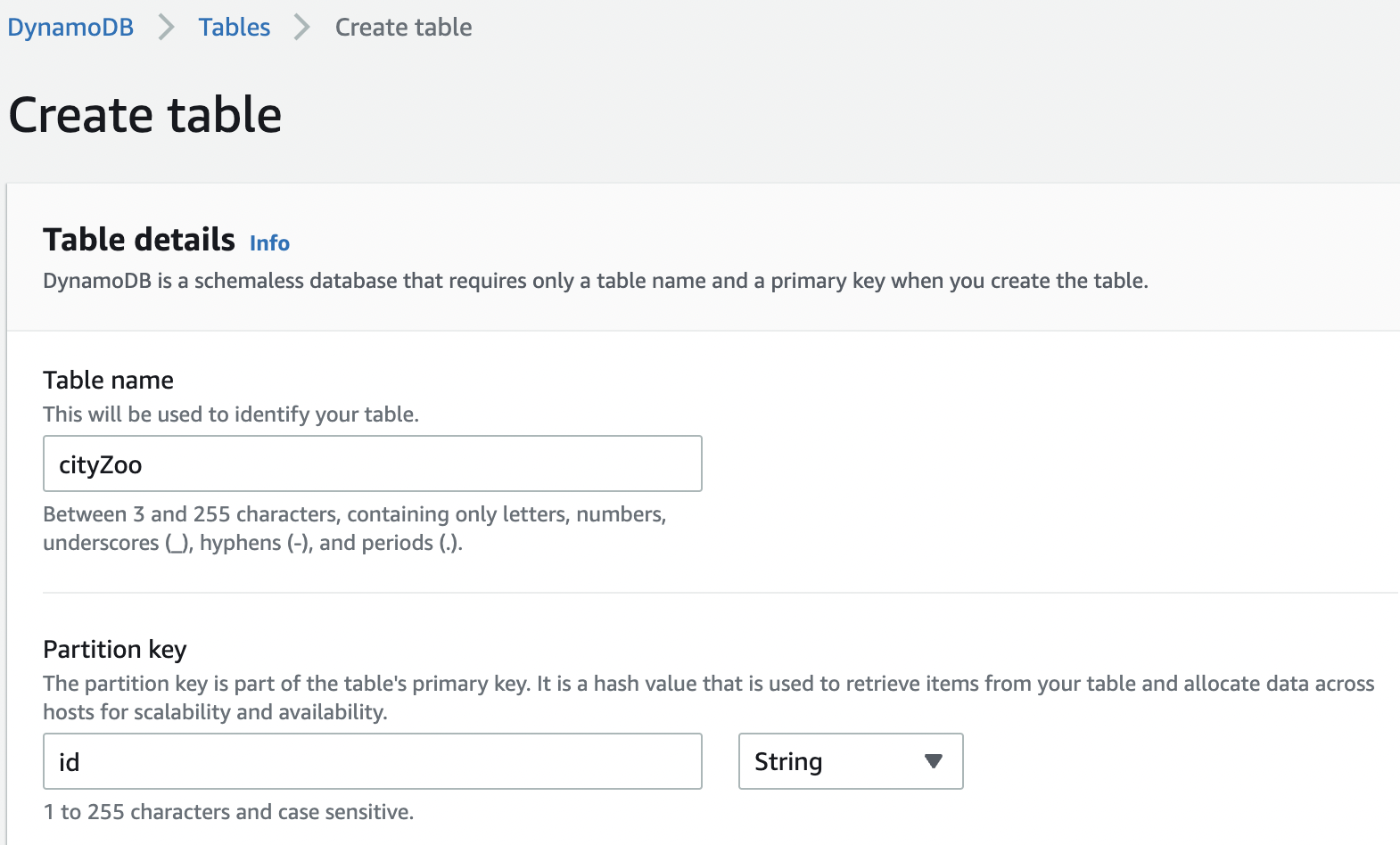 screenshot of creating a creating a DynamoDB table with AWS console