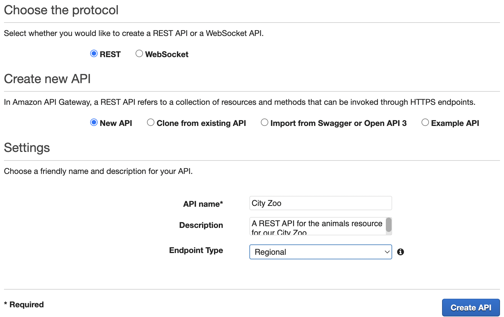 screenshot of Create API