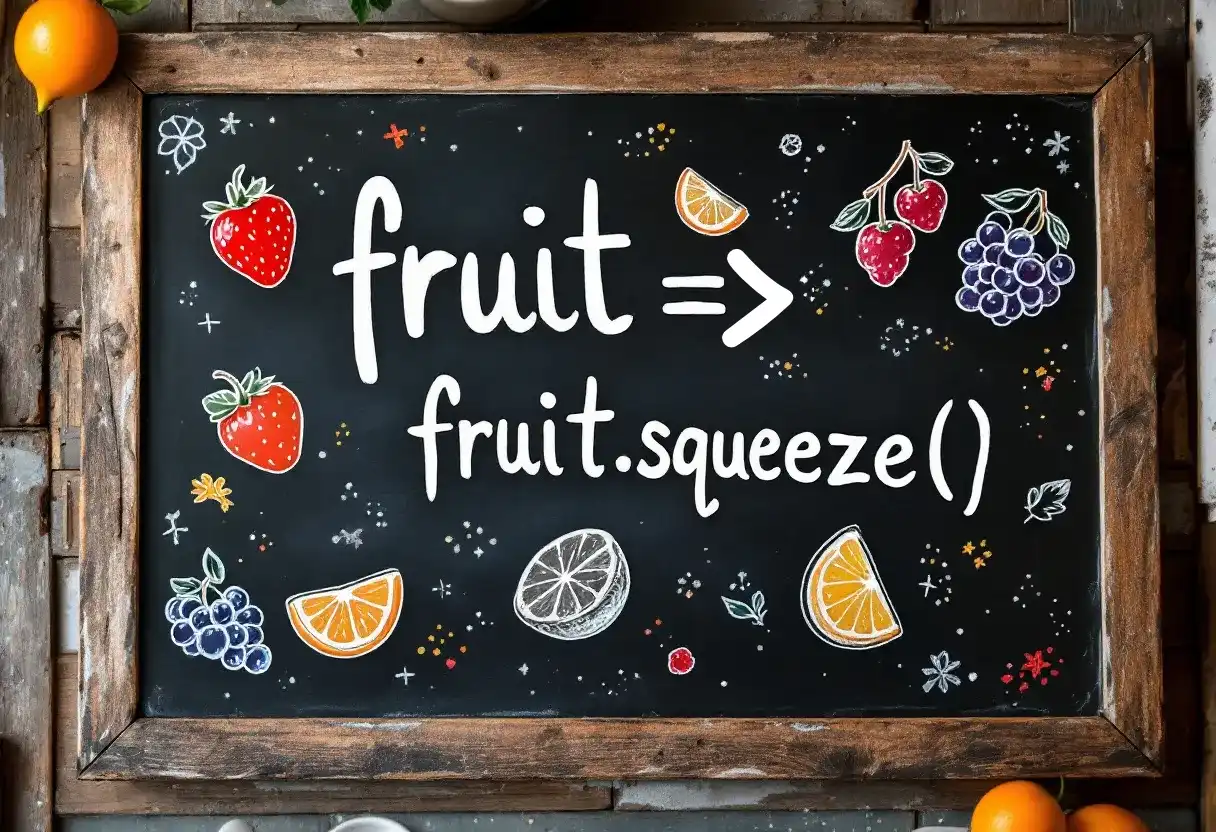 JavaScript code: "fruit =>  fruit.squeeze() " on a coffee shop blackboard menu in chalk with fruit images. Generated with Flux-1.1-pro